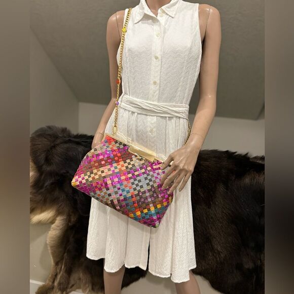 Colorful Woven Leather Handmade Kisslock Metal Frame Handbag, Multi Use Style - Picture 10 of 16